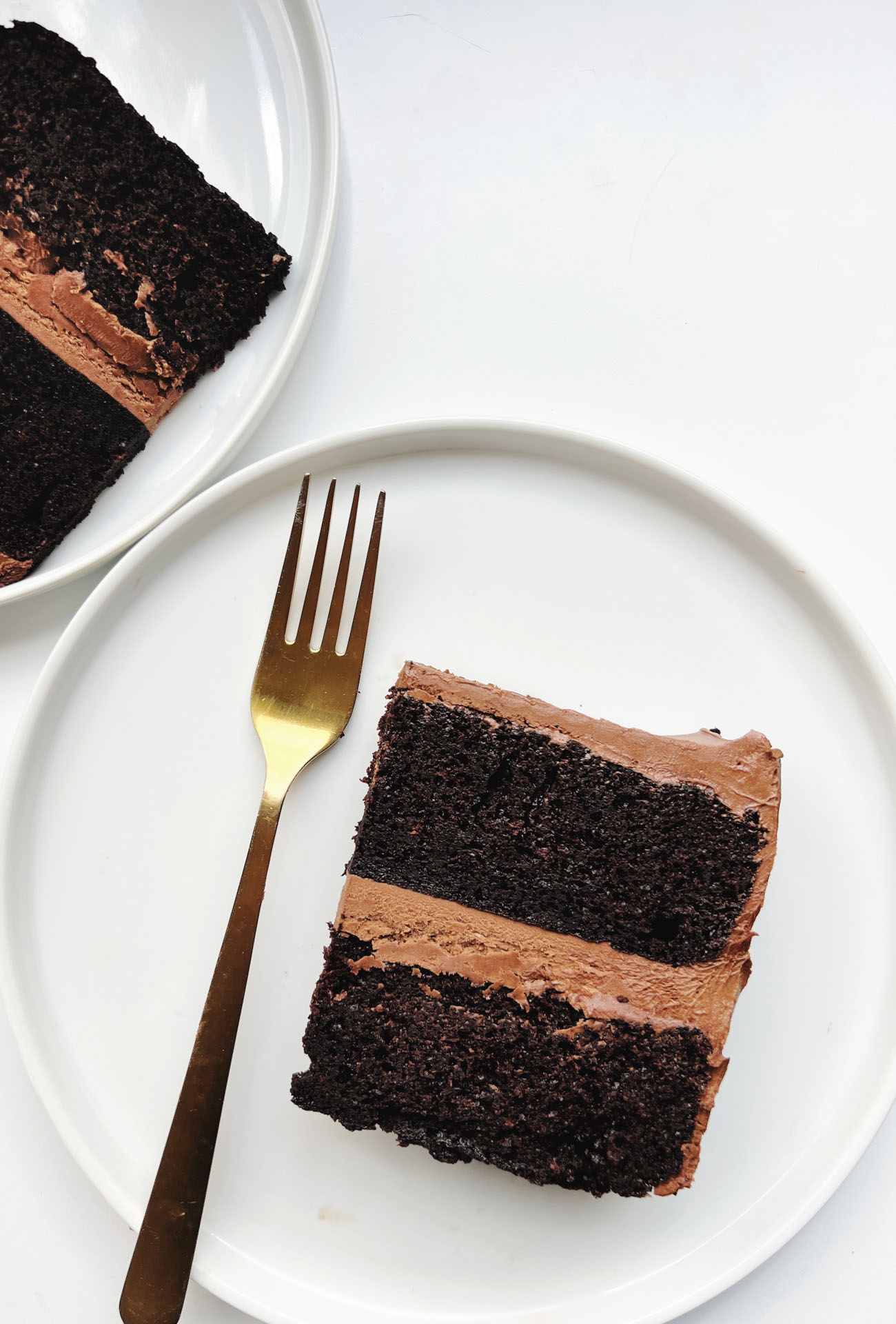 slice of chocolate cake on white plate with gold fork