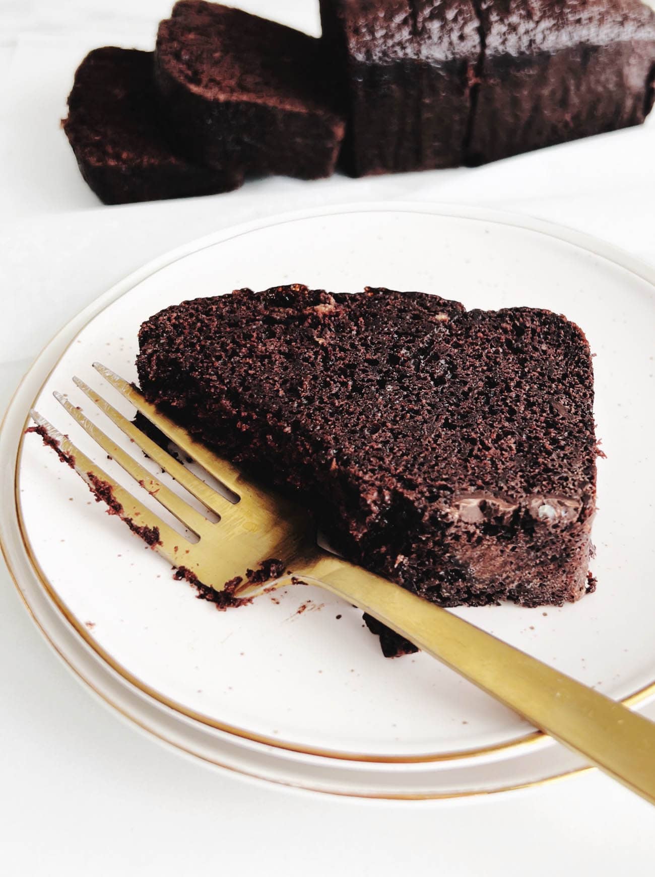 chocolate quick bread on plate with gold fork