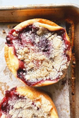 cherry streusel cake in a pan