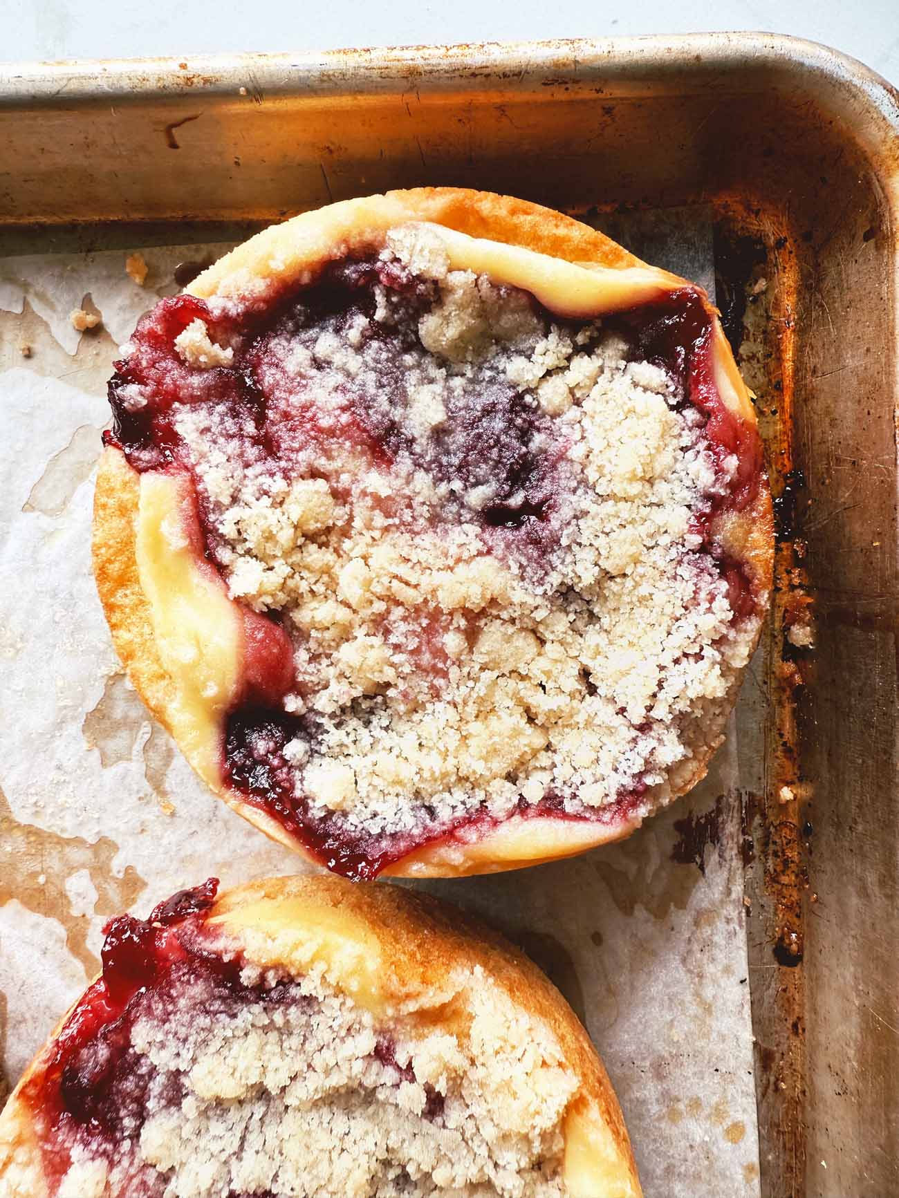 cherry streusel cake in a pan 